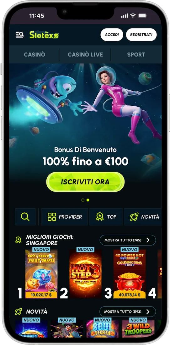 Slotexo.com aperto su smartphone: lobby del casinò con banner di benvenuto e giochi